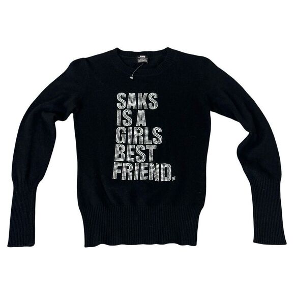 QUEEN OF EVIL Cashmere Sweater Black Rhinestone "Saks Is A Girls Best Friend" -M - Picture 1 of 6